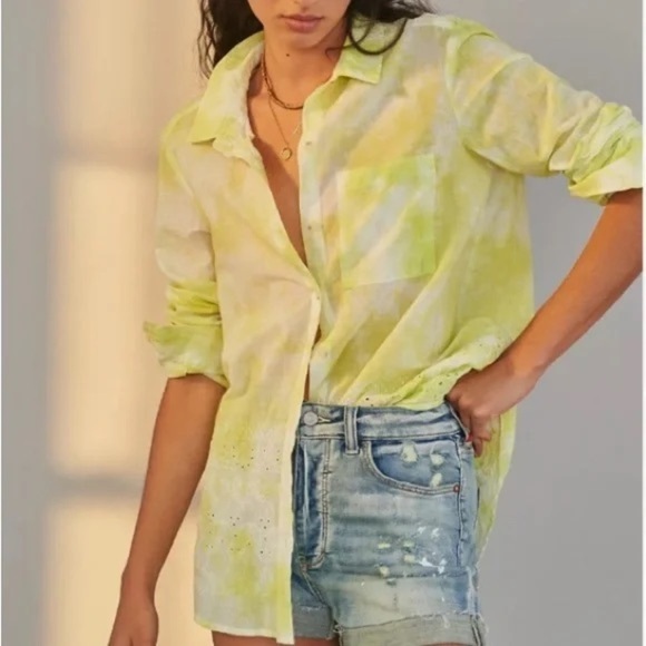 Anthropologie Pilcro Shirt Women XL Yellow Tie Dye Embroidered Eyelet Funky Boho - Picture 1 of 6